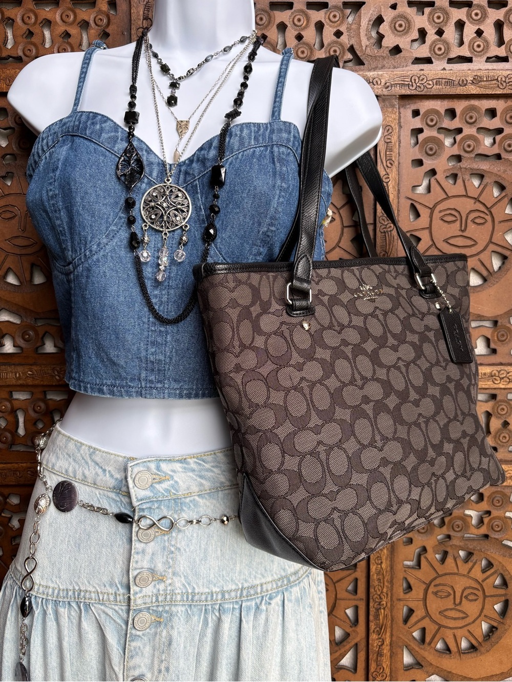 Coach Outline Signature Zip Top Tote - Black/Gray - D1657 F55364 (2016)